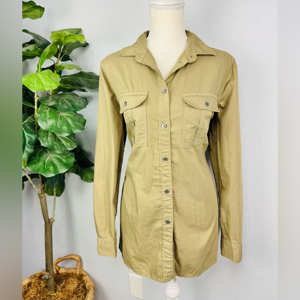 J. Crew Tan Green Oversized Cargo Military Button Down Shirt Size 8 (Medium)
